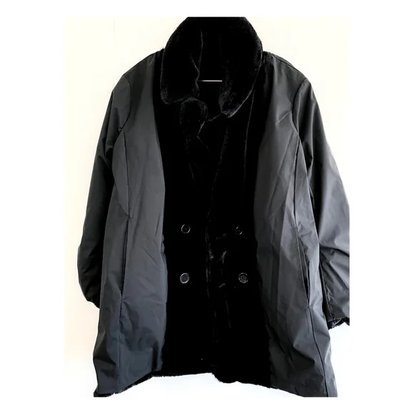 Kensie Black Faux Fur Teddy Coat with White Sleeve Bands - Picture 5 of 6